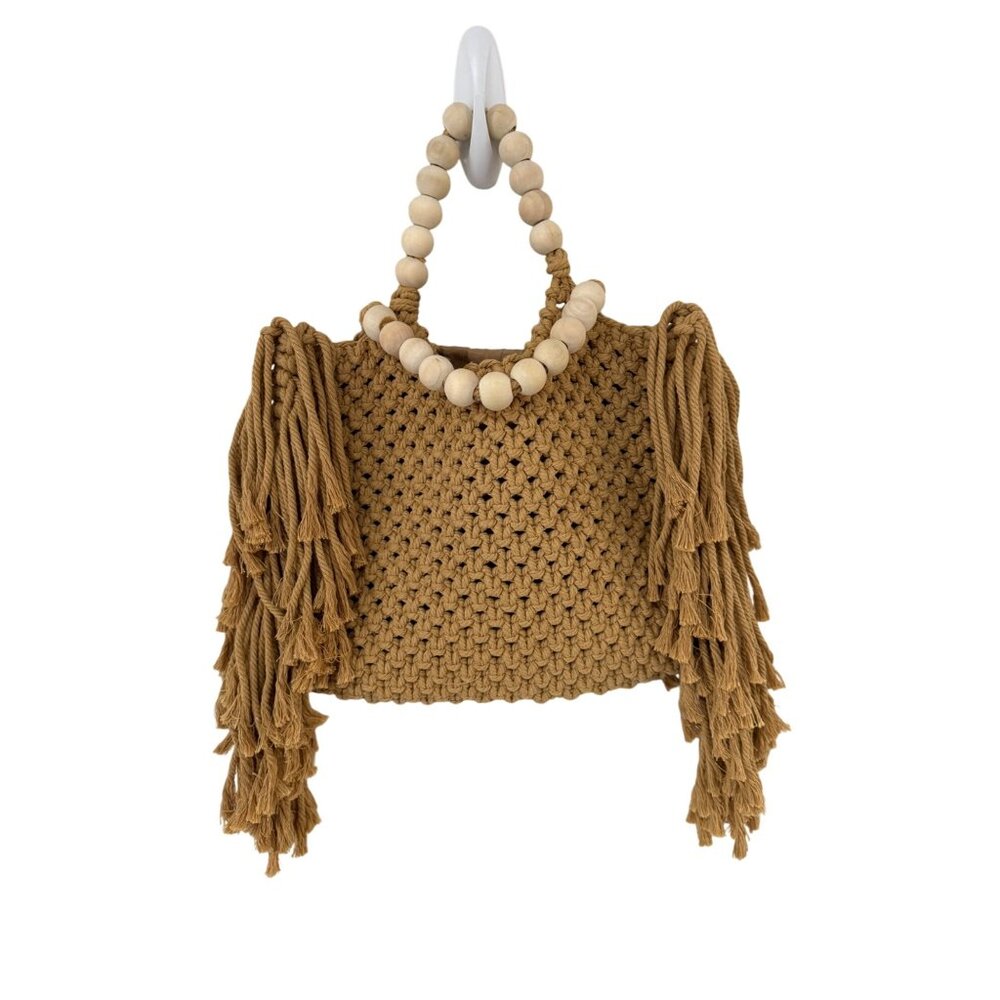 Boho Handwoven Beige Fringe Tote Bag With Wooden Bead Handles Excellent